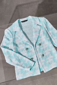Lapel Collar Jacket - Houndstooth Knit, Oceanfront/White | Ming Wang