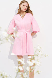 Plus Size Mini Sheath Dress - Puff Sleeve 100% Cotton, Perfect Pink | Ming Wang