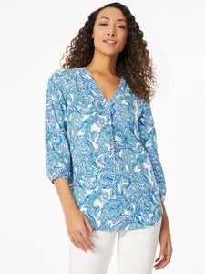 Plus Size Linen V-Neck Pleated Kelly Blouse in the Color Light Sapphire Multi | Jones New York