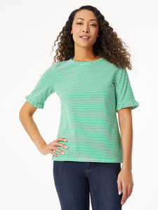 Ruffle Trim Sleeve Tee in the Color Kelly/NYC White | Jones New York