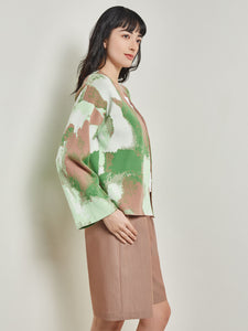 Crossover Jacket - Bell Sleeve Recycled Jacquard Knit, Verdant Clover/Paradise Green/Charmeuse/White | Misook