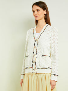 Relaxed Button Front Jacket - Recycled Pointelle Knit, White/Pale Gold/Charmeuse/Black | Misook