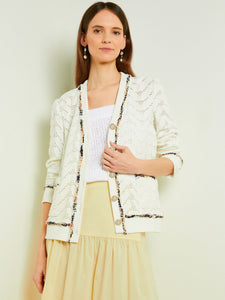 Relaxed Button Front Jacket - Recycled Pointelle Knit, White/Pale Gold/Charmeuse/Black | Misook