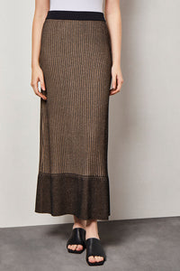 Contrast Hem Shimmer Stripe Soft Knit Skirt, Black/Dark Champagne | Ming Wang