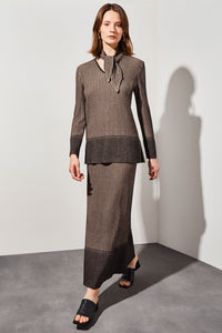 Contrast Hem Shimmer Stripe Soft Knit Skirt, Black/Dark Champagne | Ming Wang
