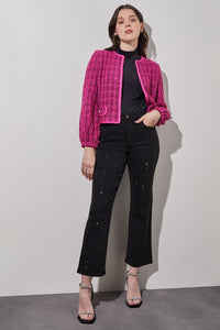 Open Front Jacket - Bishop Sleeve Tweed Knit, Mulberry/Black | Ming Wang