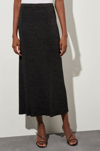 Midi Straight Skirt - Shimmer Ribbed Knit, Black/Silver | Ming Wang
