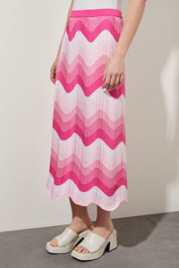 Midi Pencil Skirt - Scalloped Hem Soft Knit, Carmine Rose/Perfect Pink/White | Ming Wang