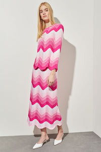 Midi Pencil Skirt - Scalloped Hem Soft Knit, Carmine Rose/Perfect Pink/White | Ming Wang