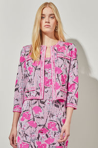 Cropped Jacket - Floral Print Contrast Trim Knit, Perfect Pink/Carmine Rose/Moonbeam/Wht/Blk | Ming Wang