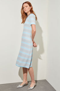 Plus Size Midi Flare Dress - V-Neck Jacquard Soft Knit, Moonbeam/Haze/White | Ming Wang