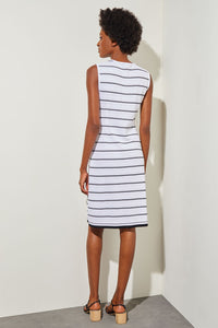 Plus Size Mini Sheath Dress - Button Front Striped Knit, White/Black | Ming Wang