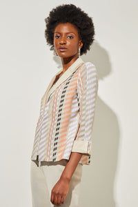 Plus Size Lapel Collar Jacket - Mixed Media Knit, Limestone/Coral Sand/Black/White | Meison Studio Presents Ming Wang