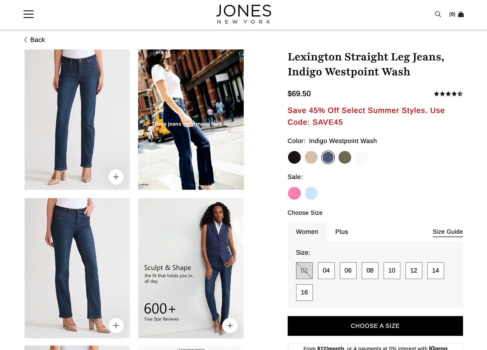 The jny.com product page for the Lexington straight-leg jean in Indigo Westpoint wash