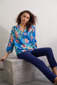 Printed V-Neck Kelly Blouse, Crepe de Chine in the Color Blue Lagoon Multi | Jones New York