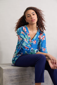 Printed V-Neck Kelly Blouse, Crepe de Chine in the Color Blue Lagoon Multi | Jones New York