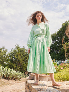 Midi Drop Waist Dress - Pointelle Stripe Mixed Media, Paradise Green | Meison Studio Presents Misook