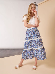 Pull-On Tiered Lace Trim Maxi Skirt, NYC White/Blue Horizon Multi | Meison Studio Presents Jones New York