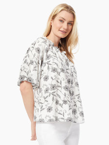 Tie-Neck Puff Sleeve Cotton-Blend Peasant Blouse in the color NYC White/Jones Black | Jones New York