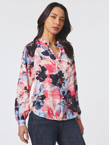 Plus Size Ruffle Neck Puff Sleeve Peasant Blouse, Fresh Guava Multi | Meison Studio Presents Jones New York