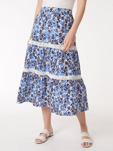 Pull-On Tiered Lace Trim Maxi Skirt, NYC White/Blue Horizon Multi | Meison Studio Presents Jones New York