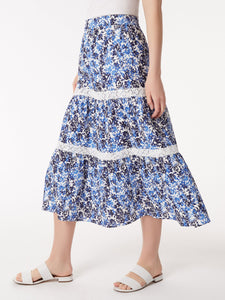 Pull-On Tiered Lace Trim Maxi Skirt, NYC White/Blue Horizon Multi | Meison Studio Presents Jones New York