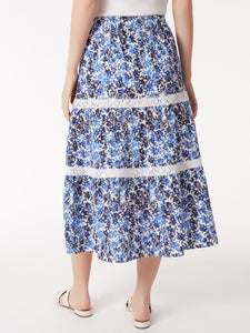 Pull-On Tiered Lace Trim Maxi Skirt, NYC White/Blue Horizon Multi | Meison Studio Presents Jones New York