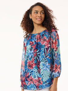 Floral Smocked High Neckline Blouse in the Color Pacific Navy Multi | Jones New York