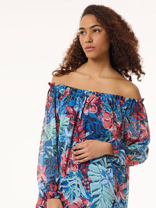 Floral Smocked High Neckline Blouse in the Color Pacific Navy Multi | Jones New York