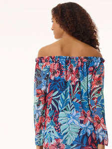 Floral Smocked High Neckline Blouse in the Color Pacific Navy Multi | Jones New York