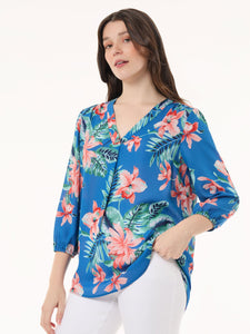 Printed V-Neck Kelly Blouse, Crepe de Chine in the Color Blue Lagoon Multi | Jones New York