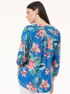 Printed V-Neck Kelly Blouse, Crepe de Chine in the Color Blue Lagoon Multi | Jones New York