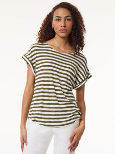 Extent Shoulder Jewel Neck Top, Sedona Striped Knit in the Color Jasper Green/Jones White | Jones New York