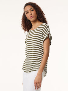 Extent Shoulder Jewel Neck Top, Sedona Striped Knit in the Color Jasper Green/Jones White | Jones New York