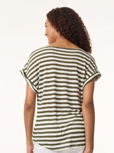 Extent Shoulder Jewel Neck Top, Sedona Striped Knit in the Color Jasper Green/Jones White | Jones New York