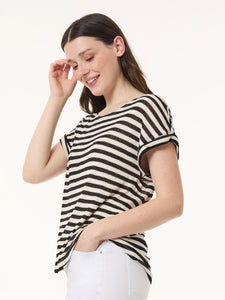 Extent Shoulder Jewel Neck Top, Sedona Striped Knit in the Color Jones Black/Jones White | Jones New York