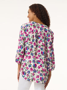 Printed V-Neck Pleated Kelly Blouse in the Color Jones White/Bright Orchid Multi | Jones New York