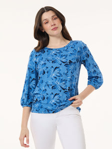 Printed Puff Sleeve Top, Moss Crepe in the Color Blue Lagoon Multi | Jones New York