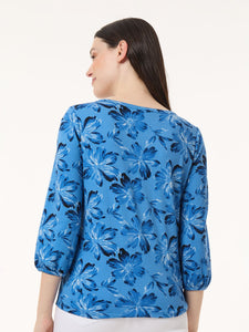 Printed Puff Sleeve Top, Moss Crepe in the Color Blue Lagoon Multi | Jones New York