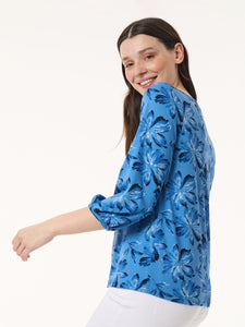 Printed Puff Sleeve Top, Moss Crepe in the Color Blue Lagoon Multi | Jones New York