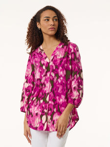 Plus Size Printed V-Neck Pleated Kelly Blouse, Crepe De Chine in the Color Bright Orchid Multi | Jones New York