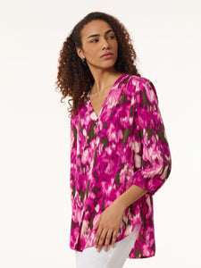 Plus Size Printed V-Neck Pleated Kelly Blouse, Crepe De Chine in the Color Bright Orchid Multi | Jones New York