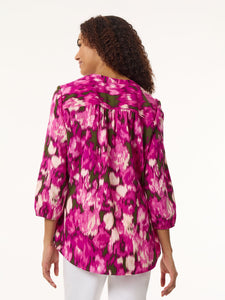 Printed V-Neck Pleated Kelly Blouse, Crepe De Chine in the Color Bright Orchid Multi | Jones New York