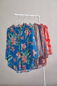 Printed V-Neck Kelly Blouse, Crepe de Chine in the Color Blue Lagoon Multi | Jones New York