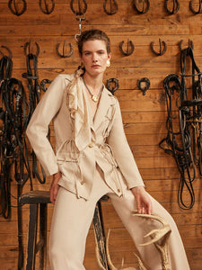 Modern Fit Single Button Jacket - Lace Tie Detail Woven, Biscotti | Meison Studio Presents Misook