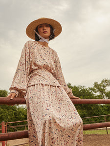 Balloon Sleeve Belted Blouse - Floral Print Crepe de Chine, Biscotti/Porcelain Pink/Ocean Coral/Mazarine/Charmeuse | Meison Studio Presents Misook