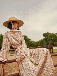 Balloon Sleeve Belted Blouse - Floral Print Crepe de Chine, Biscotti/Porcelain Pink/Ocean Coral/Mazarine/Charmeuse | Meison Studio Presents Misook