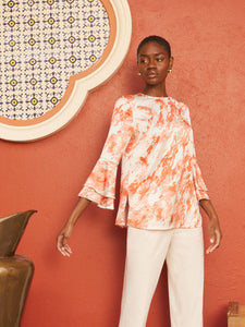 Flounce Sleeve Blouse - Jewel Neck Print Crepe de Chine, Spice/Citrine/Italian Clay/Biscotti/Light Biscotti | Misook