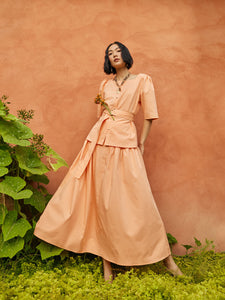 Square Neck Button Front Blouse - Belted Faux Cupro Silk, Peach Blossom | Meison Studio Presents Misook