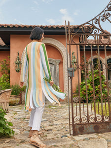 Open Neck Heritage Fit Jacket - Striped Intarsia Knit Fringe Hem, Peach Blossom/Caribbean Mist/Pale Gold/Verdant Clover/White | Misook